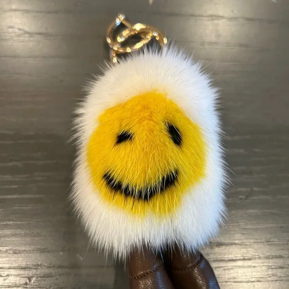 Egg Yolk Smiley Face Faux Fur Keychain - Picture 2 of 4